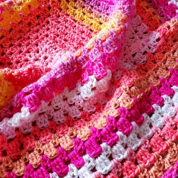 Crochet BABY BLANKET AFGHAN GRANNY SQUARE 29"x 29" PINK YELLOW ORANGE WHITE - Picture 1 of 9
